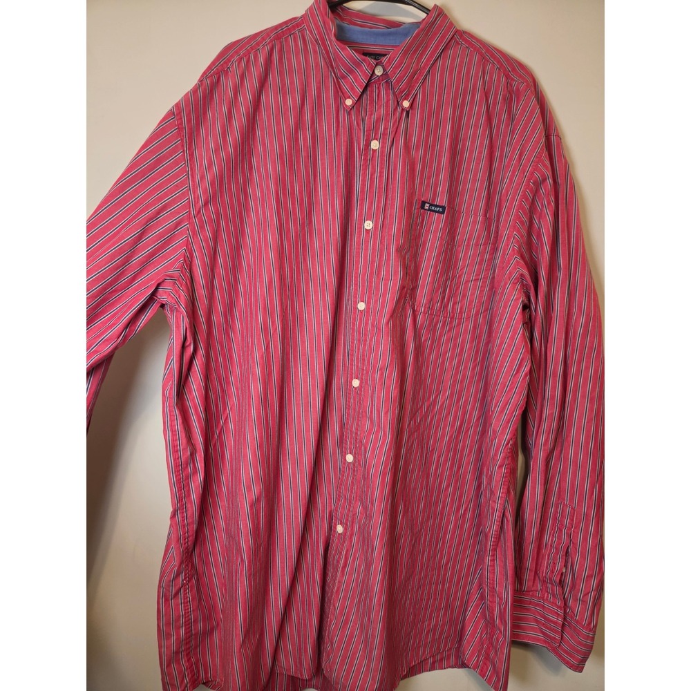 Chaps Mens 3XT Easy Care Striped Button Down Shirt Red Navy Blue Long Sleeve
